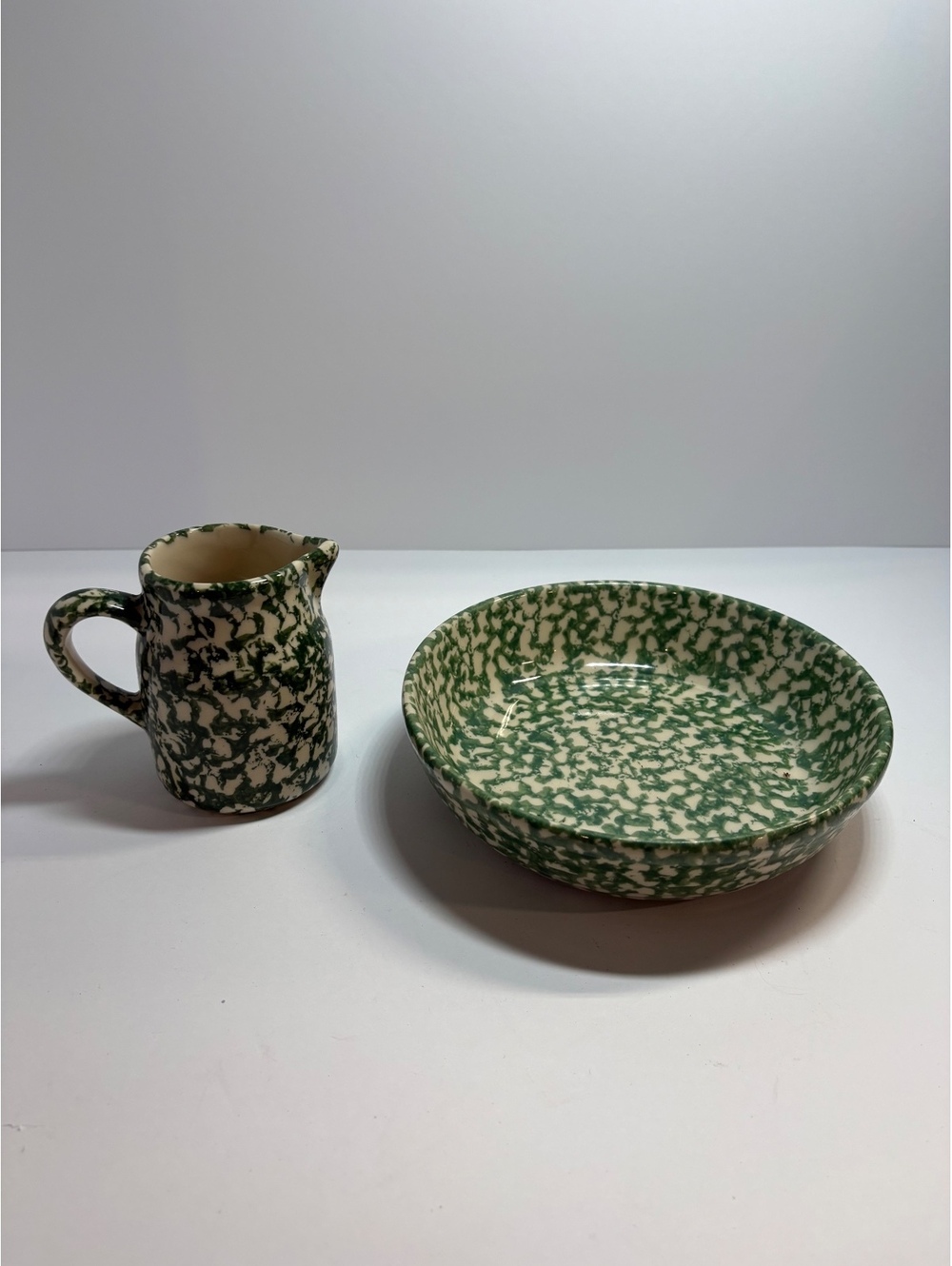 Vintage RRP Co Roseville Ohio Green Spongeware Bowl & Creamer Pottery Set